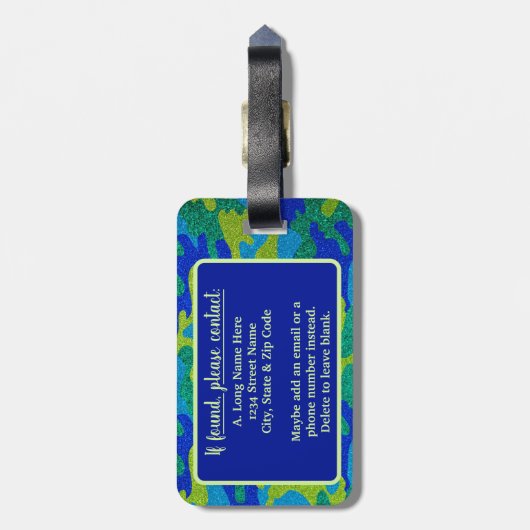 ブライトブルー&グリーンカモフラージュグリッター迷彩柄名 ラゲッジタグ (裏面縦)