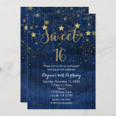 ブライトブルー&金ゴールドスターズスウィート16パーティの招待状 招待状 (正面/裏面)