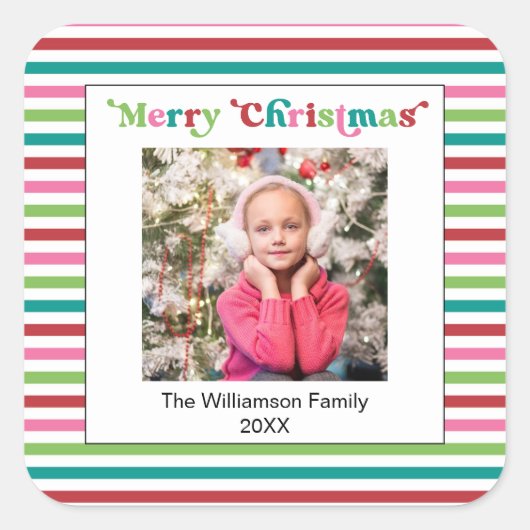 ブライトホリデークリスマスストライプ写真テンプレート スクエアシール (正面)