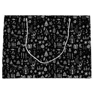 ブライトホワイトブラックボホクリスマスツリーズ雪だるま ラージペーパーバッグ