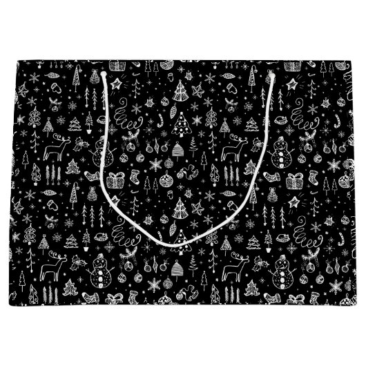 ブライトホワイトブラックボホクリスマスツリーズ雪だるま ラージペーパーバッグ (正面)