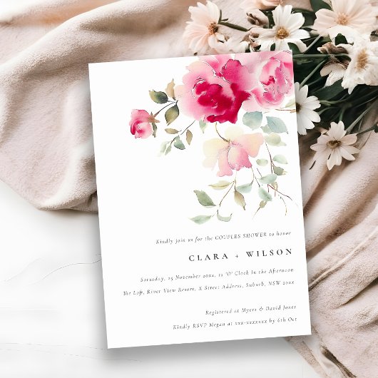 ブライトボホレッドピンクローズカップルフローラシャワー 招待状