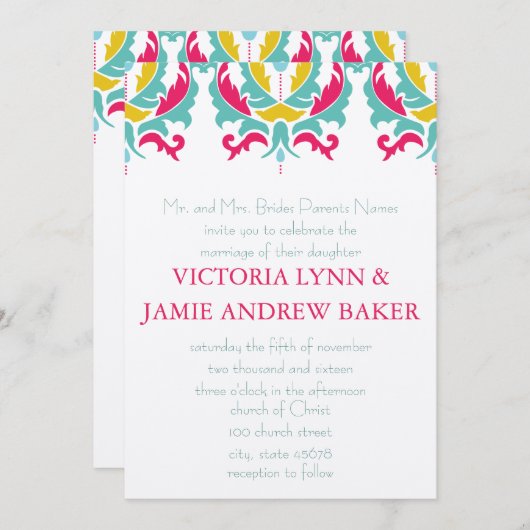 ブライトミントピンクイエローダマスクウェディング招待状 招待状 (正面/裏面)