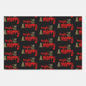 ブライトメリータイポグラフィレッドブラック金ゴールドクリスマス ラッピングペーパーシート (正面)