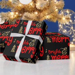 ブライトメリータイポグラフィレッドブラック金ゴールドクリスマス ラッピングペーパー