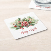ブライトメリーポインセチア・ベリーズクリスマスホリデー スクエアペーパーコースター (アングル)