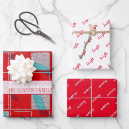 ブライトメリーレッドニット編み物ファミリーホリデー ラッピングペーパーシート