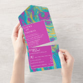 ブライトモダンピンク&ティール(緑がかった色)アゲートマーブル結婚ズ オールインワン招待状 (貼ってはがせる)