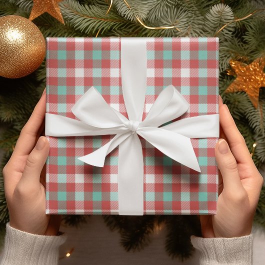 ブライトモダンレッドティール(緑がかった色)ホワイトプレイドホリデーギフト ラッピングペーパー