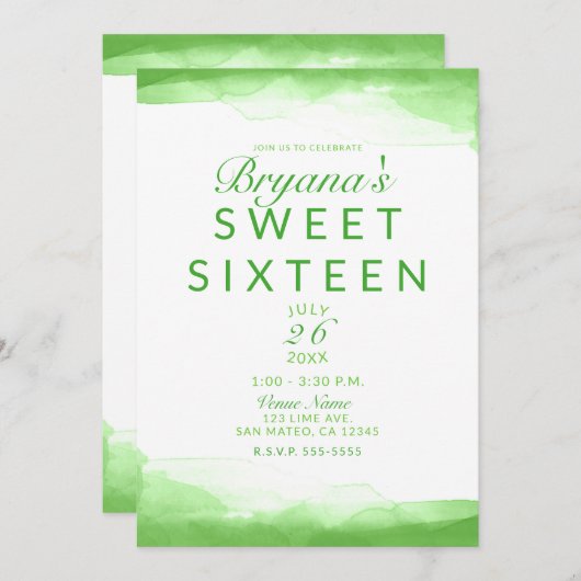 ブライトライムグリーンウォーターカラーシック甘い16パーティー 招待状 (正面/裏面)