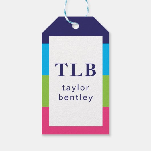 ブライトラグビーストライプグモノグラムのラベル ギフトタグ (正面)