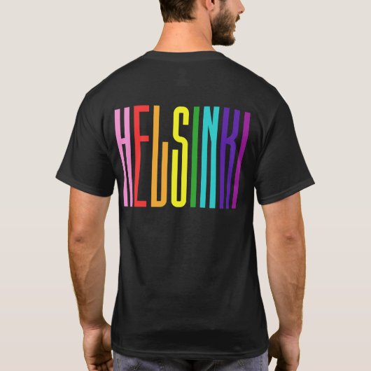 ブライトレインボー文字LGBTQヘルシンキゲイプライドLGBT Tシャツ (裏面)