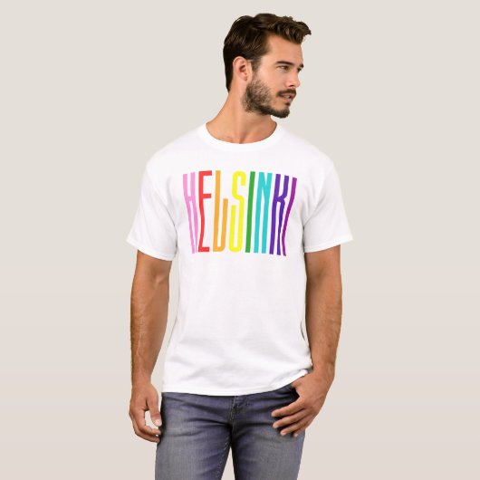 ブライトレインボー文字LGBTQヘルシンキゲイプライドLGBT Tシャツ (正面フル)