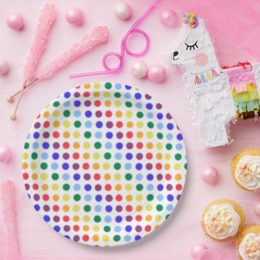 ブライトレインボー水玉模様ストライプズ ペーパープレート (パーティー)