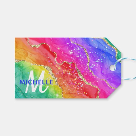 ブライトレインボー&金ゴールドフェイクグリッターアゲートモノグラム ギフトタグ (正面(横))