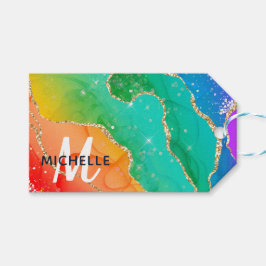 ブライトレインボー&金ゴールドフェイクグリッターアゲートモノグラム ギフトタグ