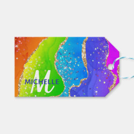 ブライトレインボー&金ゴールドフェイクグリッターアゲートモノグラム ギフトタグ