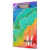 ブライトレインボー&金ゴールドフェイクグリッターアゲートモノグラム クリップボード (左)