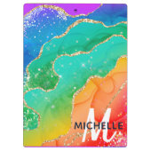 ブライトレインボー&金ゴールドフェイクグリッターアゲートモノグラム クリップボード (裏面)