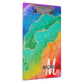 ブライトレインボー&金ゴールドフェイクグリッターアゲートモノグラム クリップボード (右)