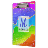 ブライトレインボー&金ゴールドフェイクグリッターアゲートモノグラム クリップボード (左)