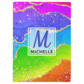 ブライトレインボー&金ゴールドフェイクグリッターアゲートモノグラム クリップボード (裏面)