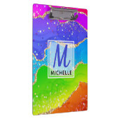 ブライトレインボー&金ゴールドフェイクグリッターアゲートモノグラム クリップボード (右)