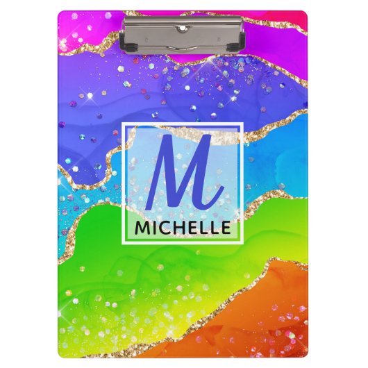 ブライトレインボー&金ゴールドフェイクグリッターアゲートモノグラム クリップボード (正面)