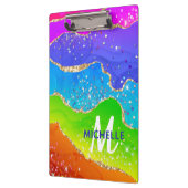 ブライトレインボー&金ゴールドフェイクグリッターアゲートモノグラム クリップボード (左)
