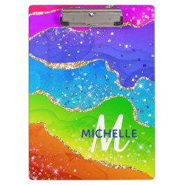 ブライトレインボー&金ゴールドフェイクグリッターアゲートモノグラム クリップボード