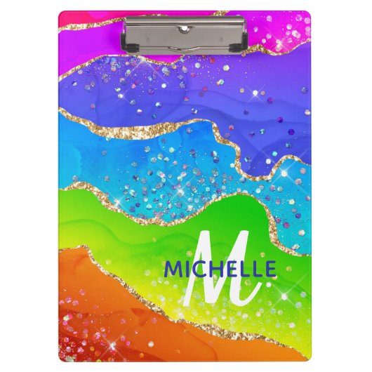 ブライトレインボー&金ゴールドフェイクグリッターアゲートモノグラム クリップボード (正面)