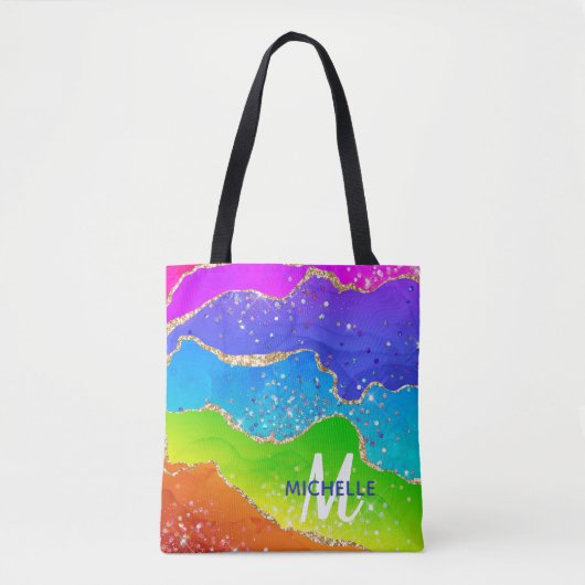 ブライトレインボー&金ゴールドフェイクグリッターアゲートモノグラム トートバッグ (正面)