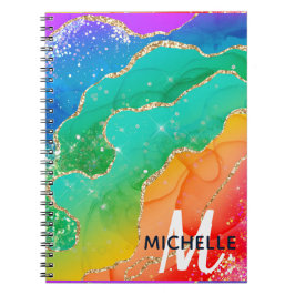 ブライトレインボー&金ゴールドフェイクグリッターアゲートモノグラム ノートブック