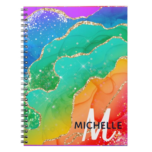 ブライトレインボー&金ゴールドフェイクグリッターアゲートモノグラム ノートブック (正面)