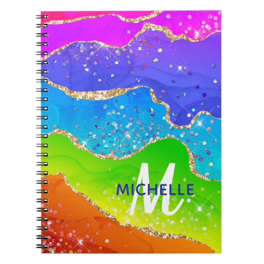 ブライトレインボー&金ゴールドフェイクグリッターアゲートモノグラム ノートブック (正面)