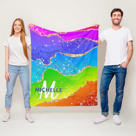 ブライトレインボー&金ゴールドフェイクグリッターアゲートモノグラム フリースブランケット (インサイチュ)