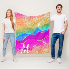 ブライトレインボー&金ゴールドフェイクグリッターアゲートモノグラム フリースブランケット