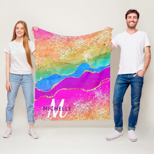 ブライトレインボー&金ゴールドフェイクグリッターアゲートモノグラム フリースブランケット (インサイチュ)