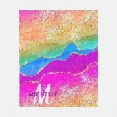 ブライトレインボー&金ゴールドフェイクグリッターアゲートモノグラム フリースブランケット (正面)