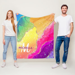 ブライトレインボー&金ゴールドフェイクグリッターアゲートモノグラム フリースブランケット