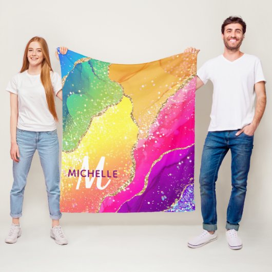 ブライトレインボー&金ゴールドフェイクグリッターアゲートモノグラム フリースブランケット (インサイチュ)