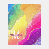 ブライトレインボー&金ゴールドフェイクグリッターアゲートモノグラム フリースブランケット (正面)