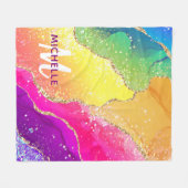 ブライトレインボー&金ゴールドフェイクグリッターアゲートモノグラム フリースブランケット (正面(横))