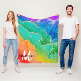 ブライトレインボー&金ゴールドフェイクグリッターアゲートモノグラム フリースブランケット