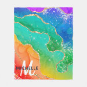 ブライトレインボー&金ゴールドフェイクグリッターアゲートモノグラム フリースブランケット (正面)