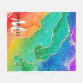 ブライトレインボー&金ゴールドフェイクグリッターアゲートモノグラム フリースブランケット (正面(横))