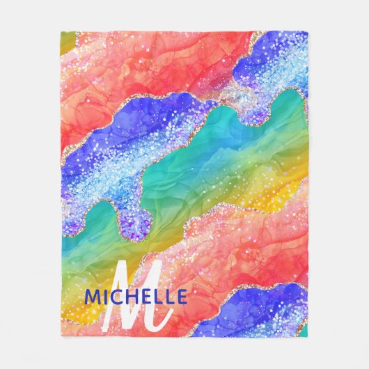 ブライトレインボー&金ゴールドフェイクグリッターアゲートモノグラム フリースブランケット (正面)