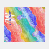 ブライトレインボー&金ゴールドフェイクグリッターアゲートモノグラム フリースブランケット (正面(横))