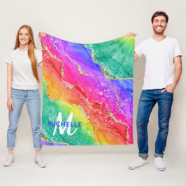 ブライトレインボー&金ゴールドフェイクグリッターアゲートモノグラム フリースブランケット