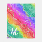 ブライトレインボー&金ゴールドフェイクグリッターアゲートモノグラム フリースブランケット (正面)